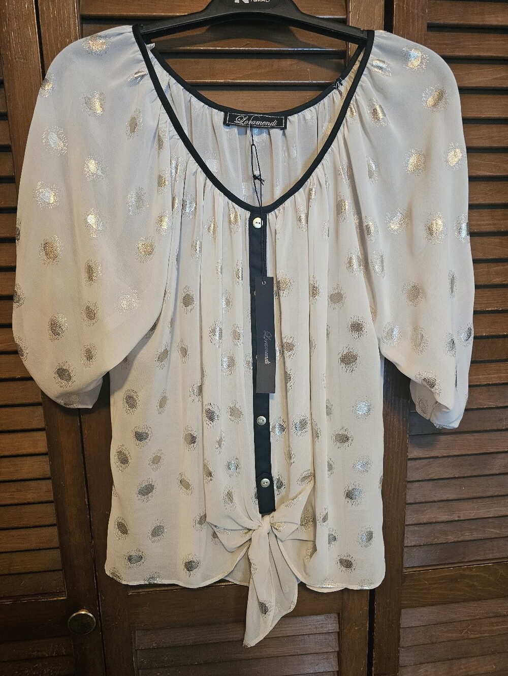 Loramendi Cream Sheer Gold Polka Dot Tie-Front Blouse — NWT Size Medium